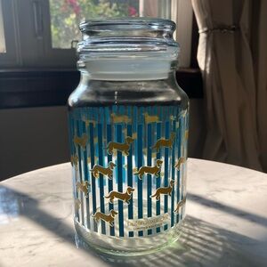 Limited Edition Peter Alexander Blue Striped Gold Dachshund Dog Glass Canister